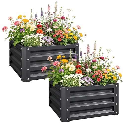 Set of 2 galvanized steel raised garden beds with waved design on patio