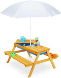 Kids garden picnic table with benches, parasol, and sand and water play tubs for outdoor fun