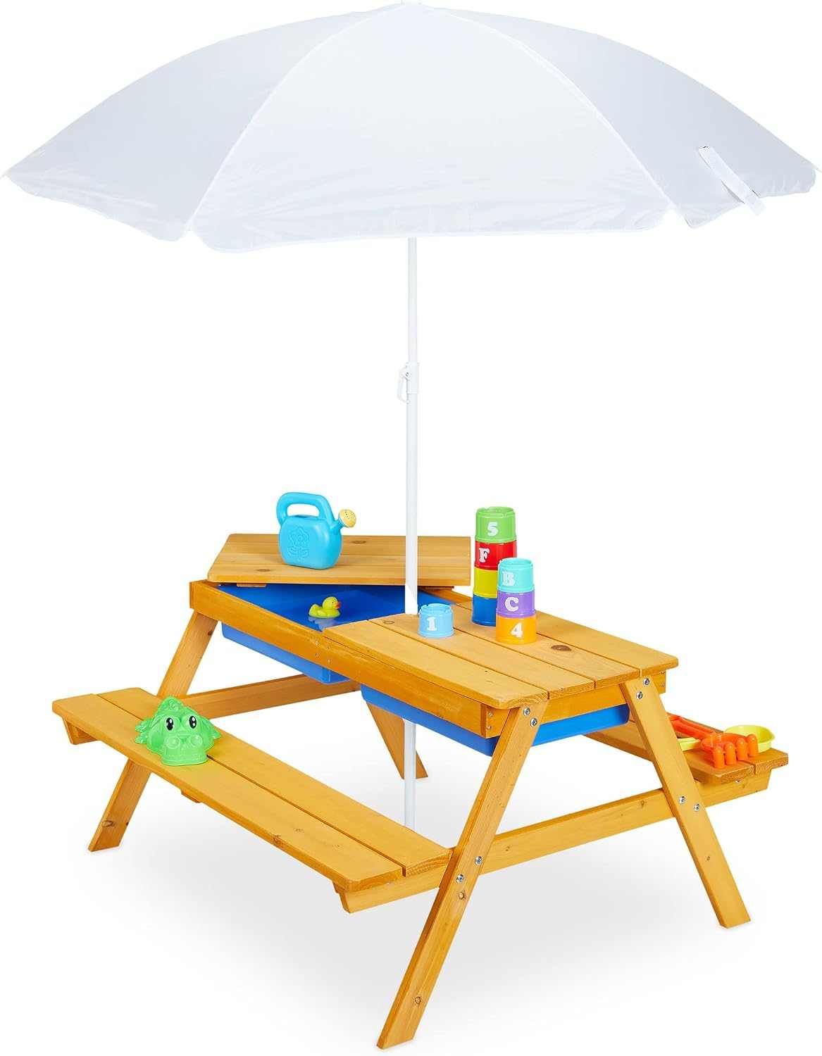 Kids garden picnic table with benches, parasol, and sand and water play tubs for outdoor fun