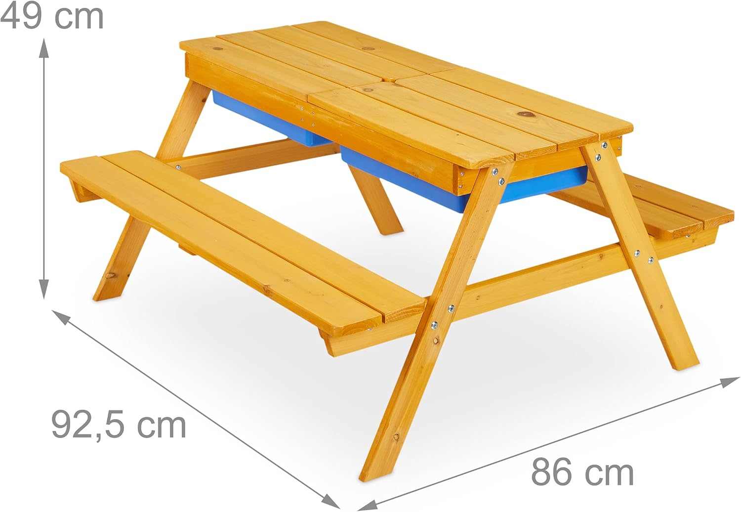 Kids garden picnic table with benches, parasol, and sand and water play tubs for outdoor fun