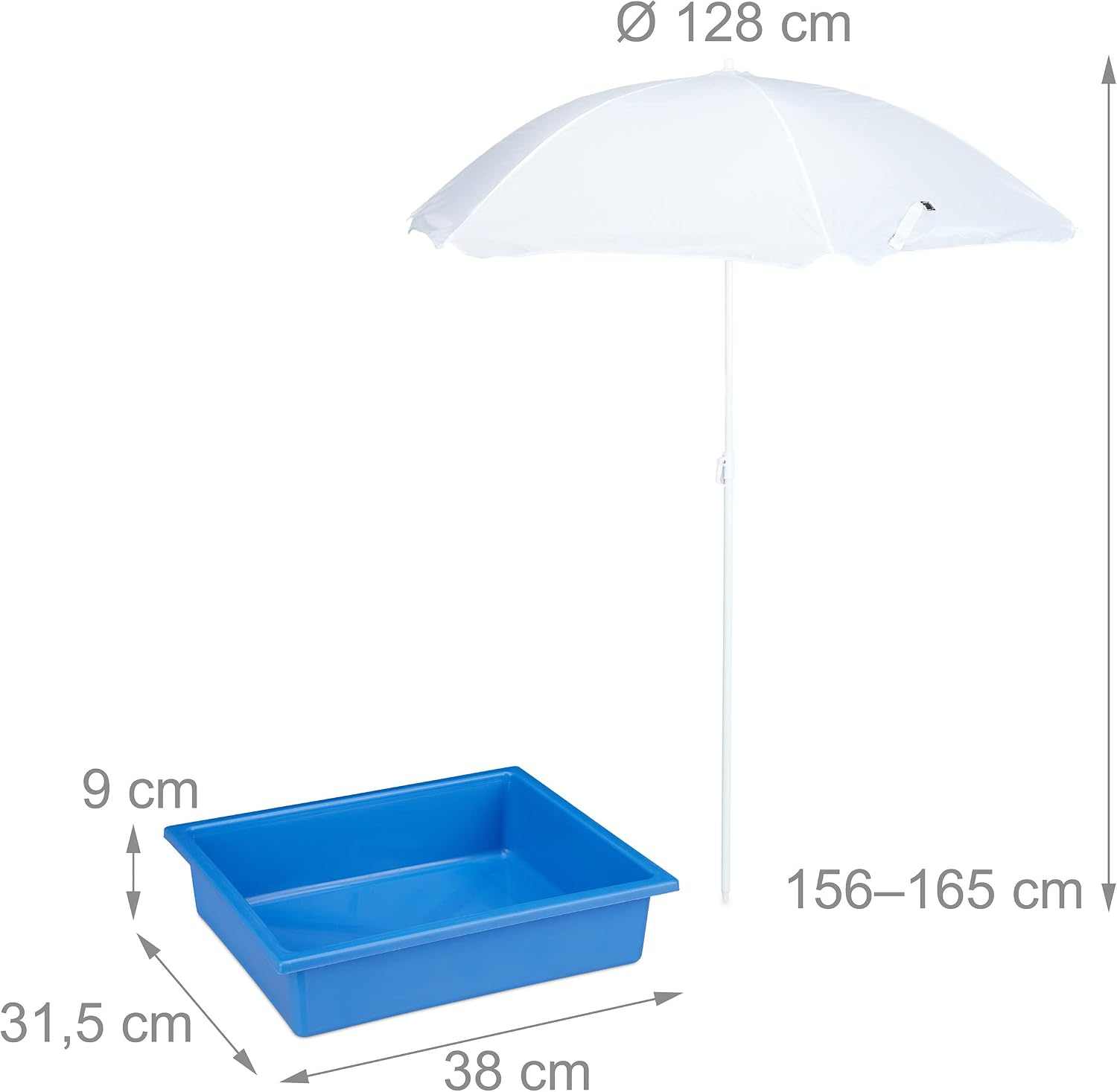 Kids garden picnic table with parasol, benches, and sand and water play tubs for outdoor fun