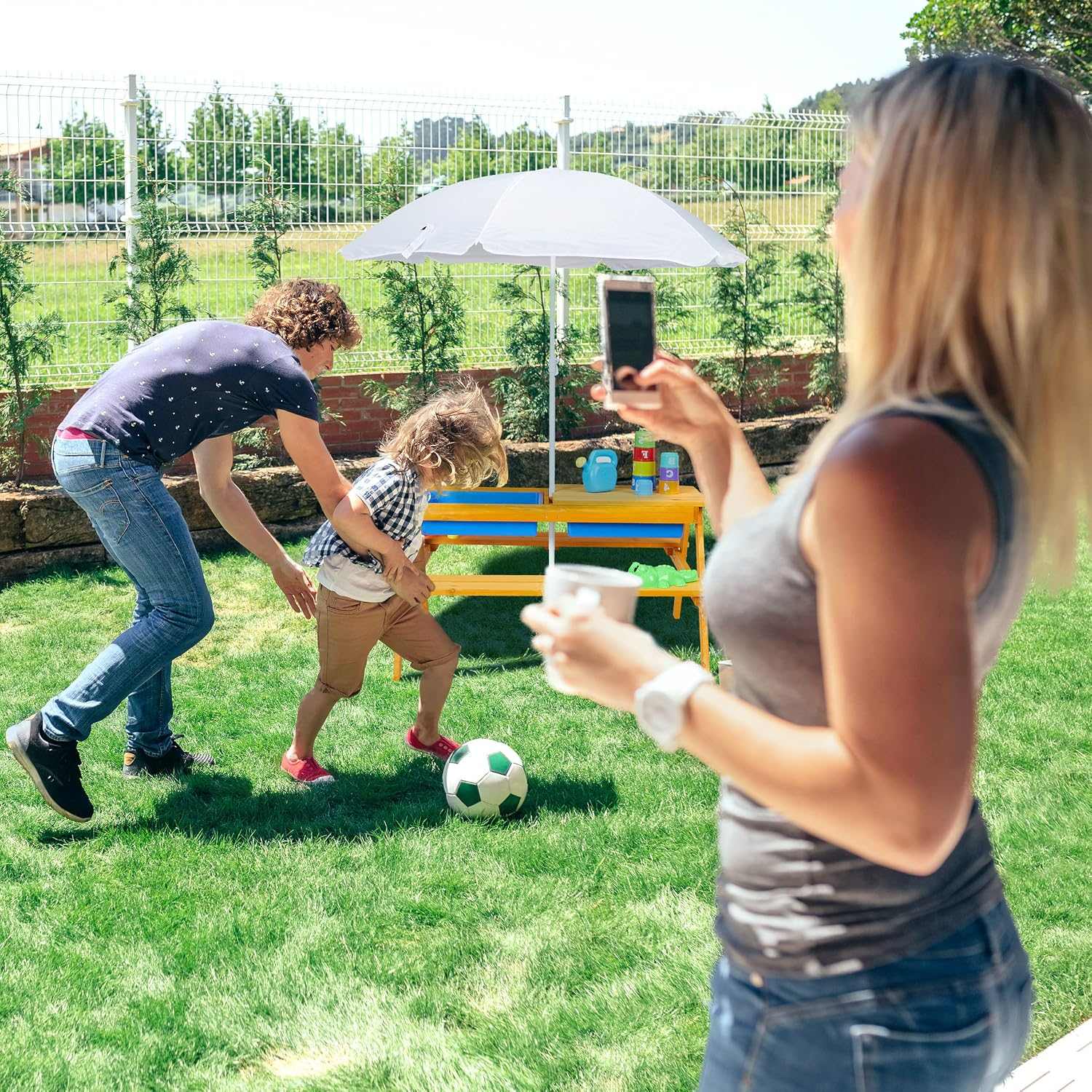 Kids garden picnic table with benches, parasol, and removable sand and water play tubs