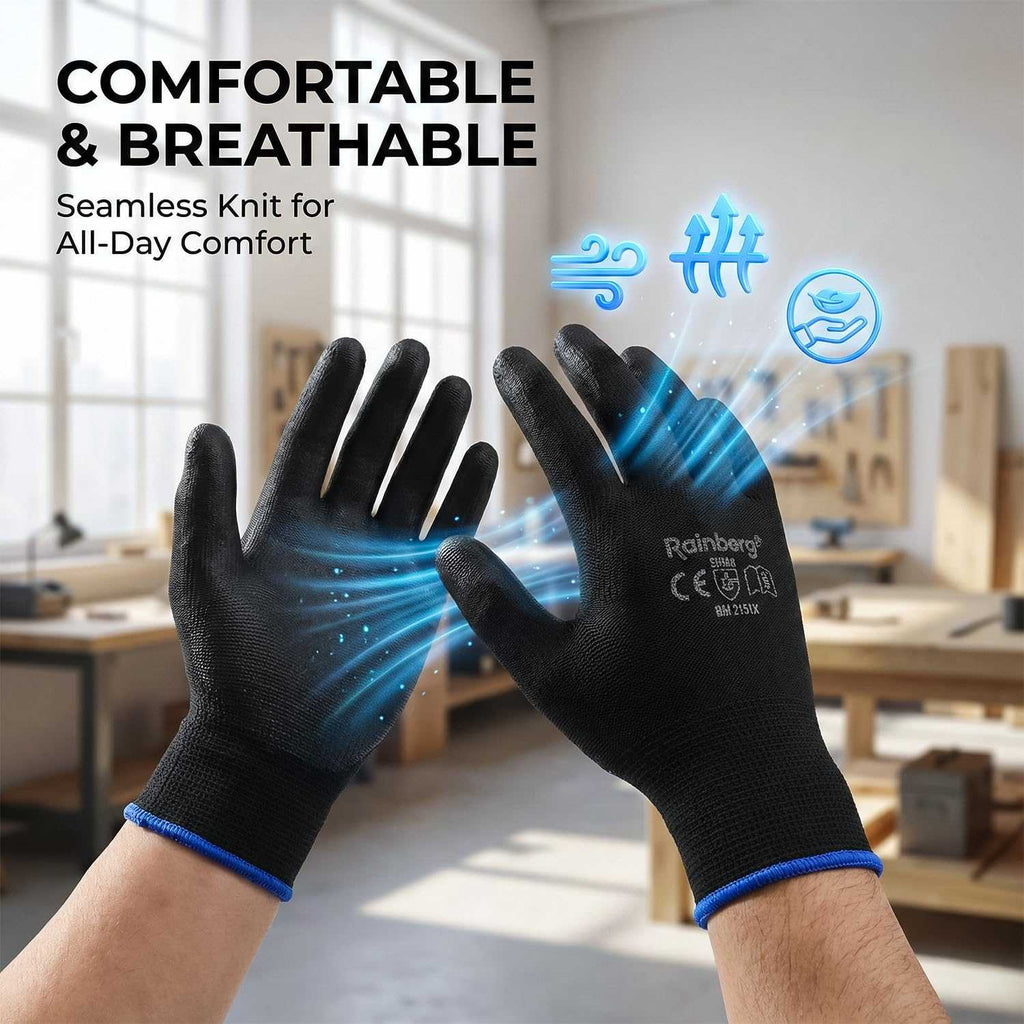 Pair of PU coated safety work gloves with breathable knit and non-slip grip