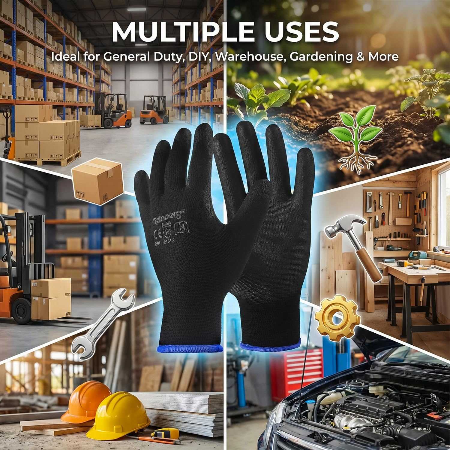PU coated safety work gloves with breathable knit shell and non-slip grip