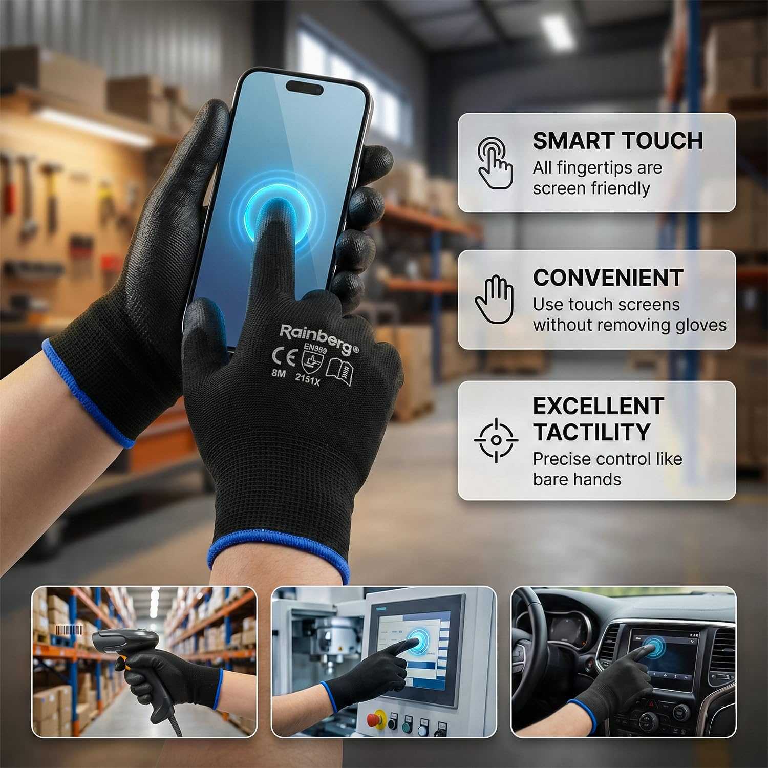 PU coated safety work gloves with breathable knit and non-slip grip for general work