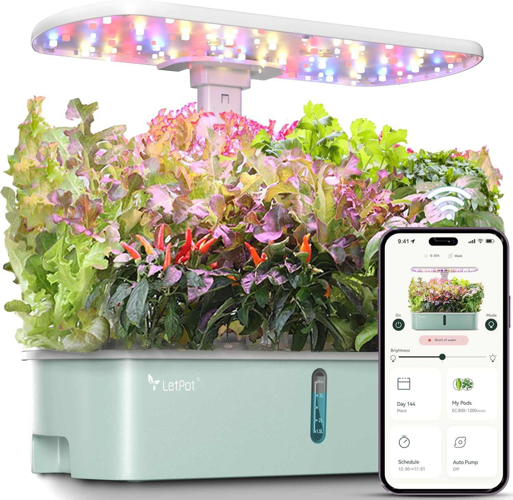 Smart hydroponic indoor garden with 10 pods and WiFi app control for fast herb and vegetable growth
