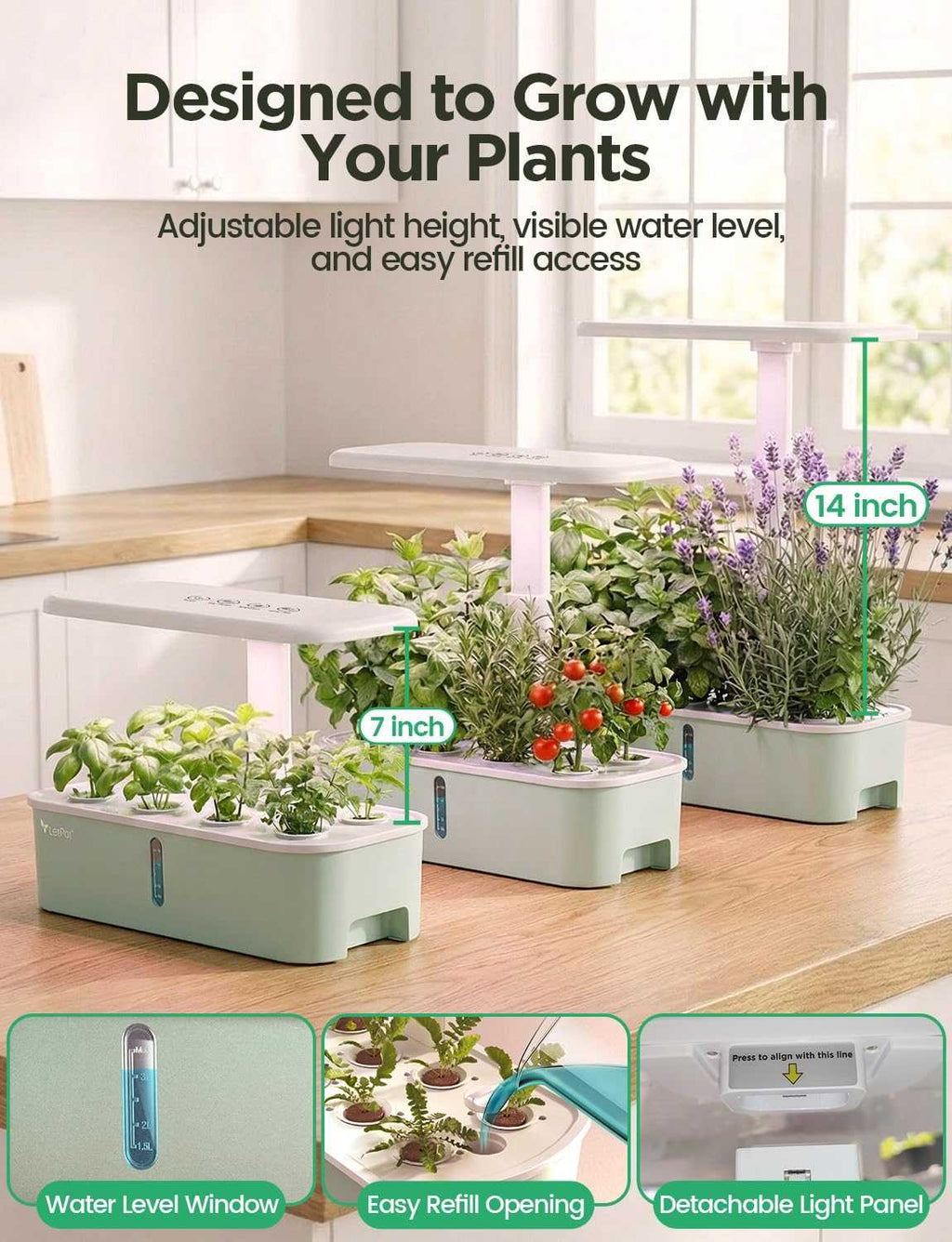 Smart hydroponic indoor garden with 10 pods, WiFi app control, and full spectrum LED lighting for fast plant growth