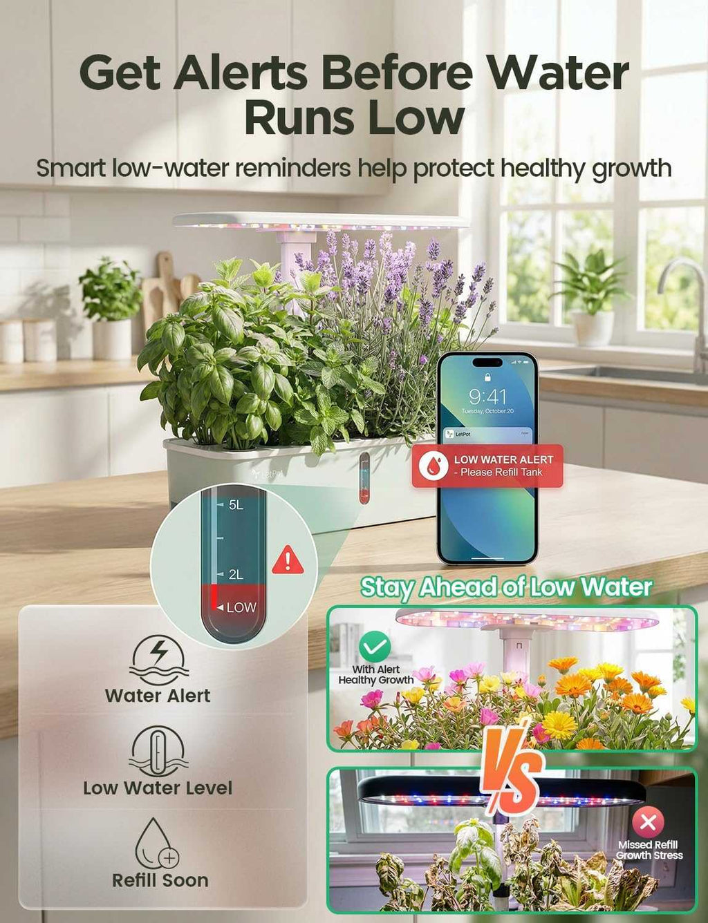 Smart hydroponic indoor garden with 10 pods and WiFi app control for year-round herb and vegetable growth