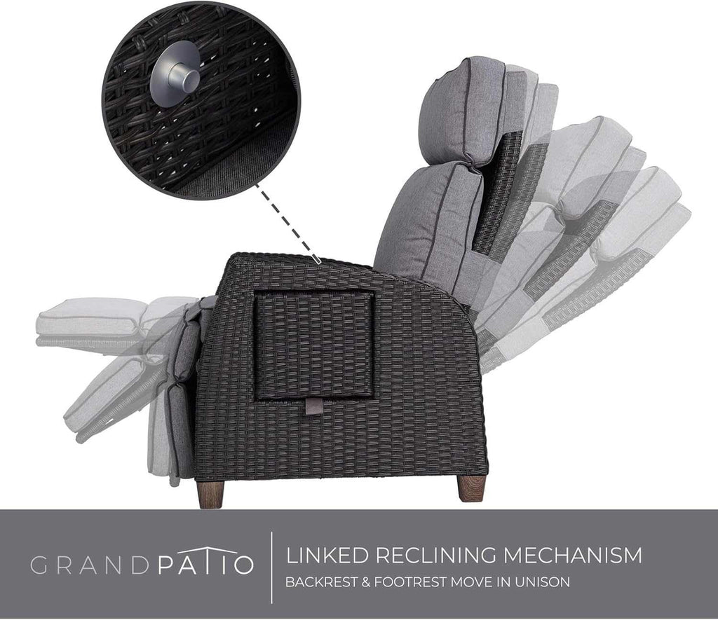 Outdoor reclining wicker lounge chair with cushion and flip-up side table on patio