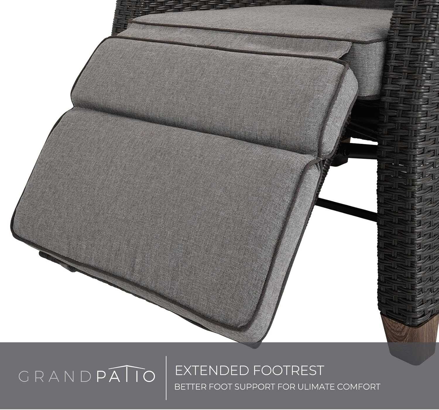 Outdoor reclining wicker lounge chair with adjustable reclining, cushion, and flip-up side table on patio