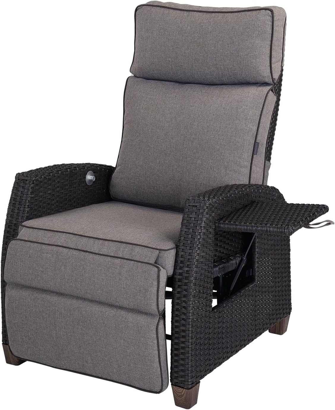 Outdoor reclining wicker lounge chair with cushion and flip-up side table on patio