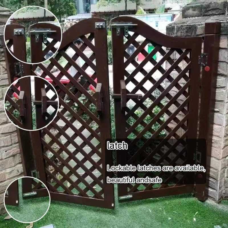 Double wooden garden gate with curved top and lattice design, solid wood construction enhancing outdoor entryways