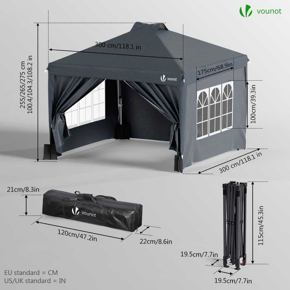 Pop up 3x3 m heavy duty gazebo with sides and central lock for quick setup and outdoor shade