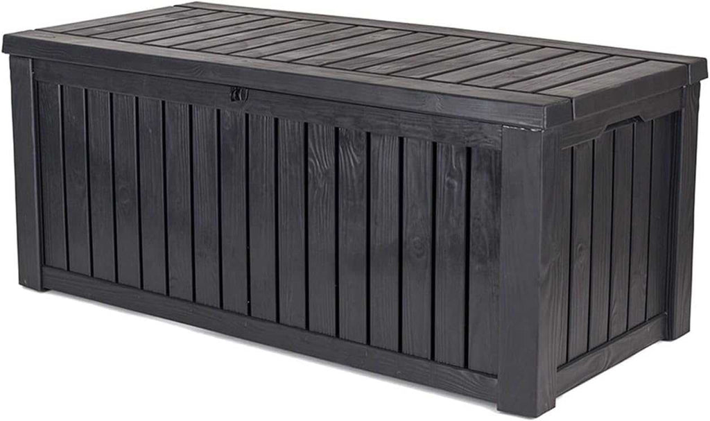 Rockwood Cushion Storage Box 550L in anthracite on a patio with garden furniture