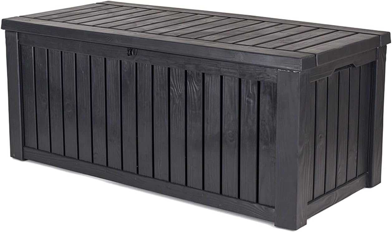 Rockwood Cushion Storage Box 550L in anthracite on a patio with garden furniture