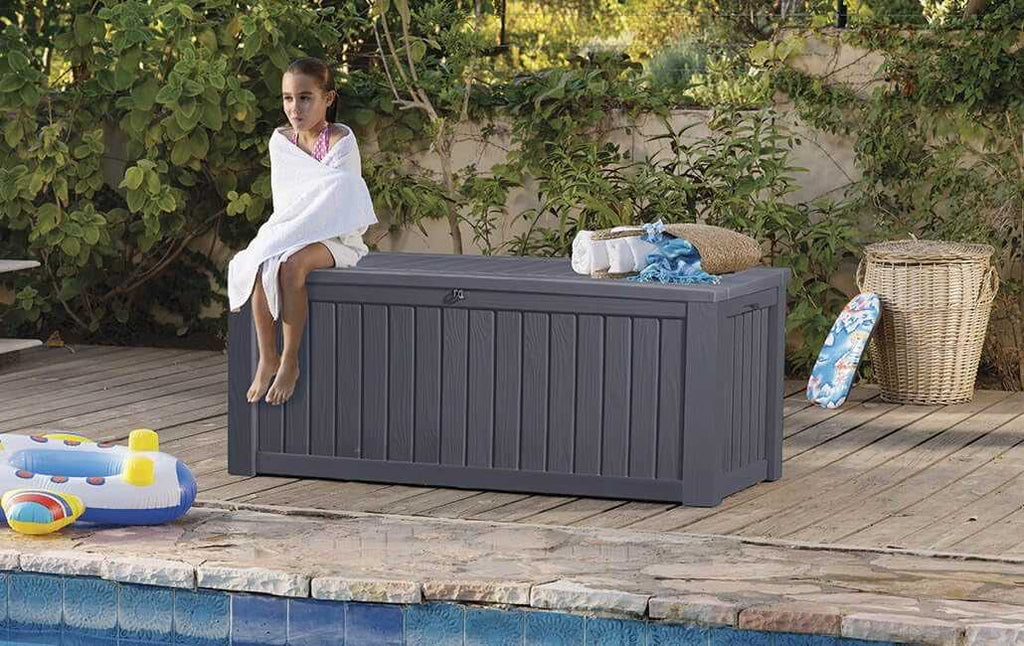 Rockwood Cushion Storage Box 550L in anthracite on patio storing garden cushions and accessories