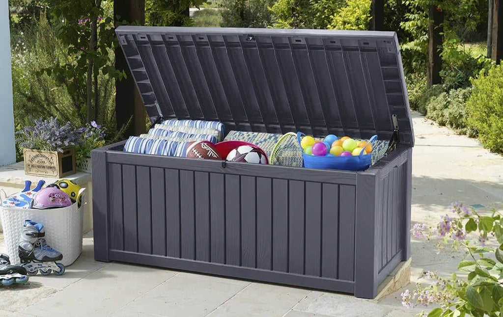 Outdoor Rockwood Cushion Storage Box 550L in anthracite for garden storage and organization