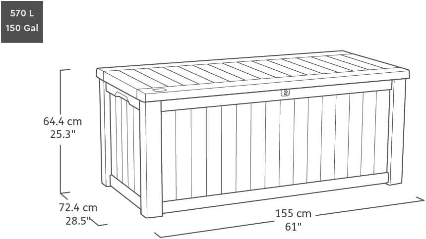 Rockwood Cushion Storage Box 550L in anthracite on a garden patio storing cushions and tools