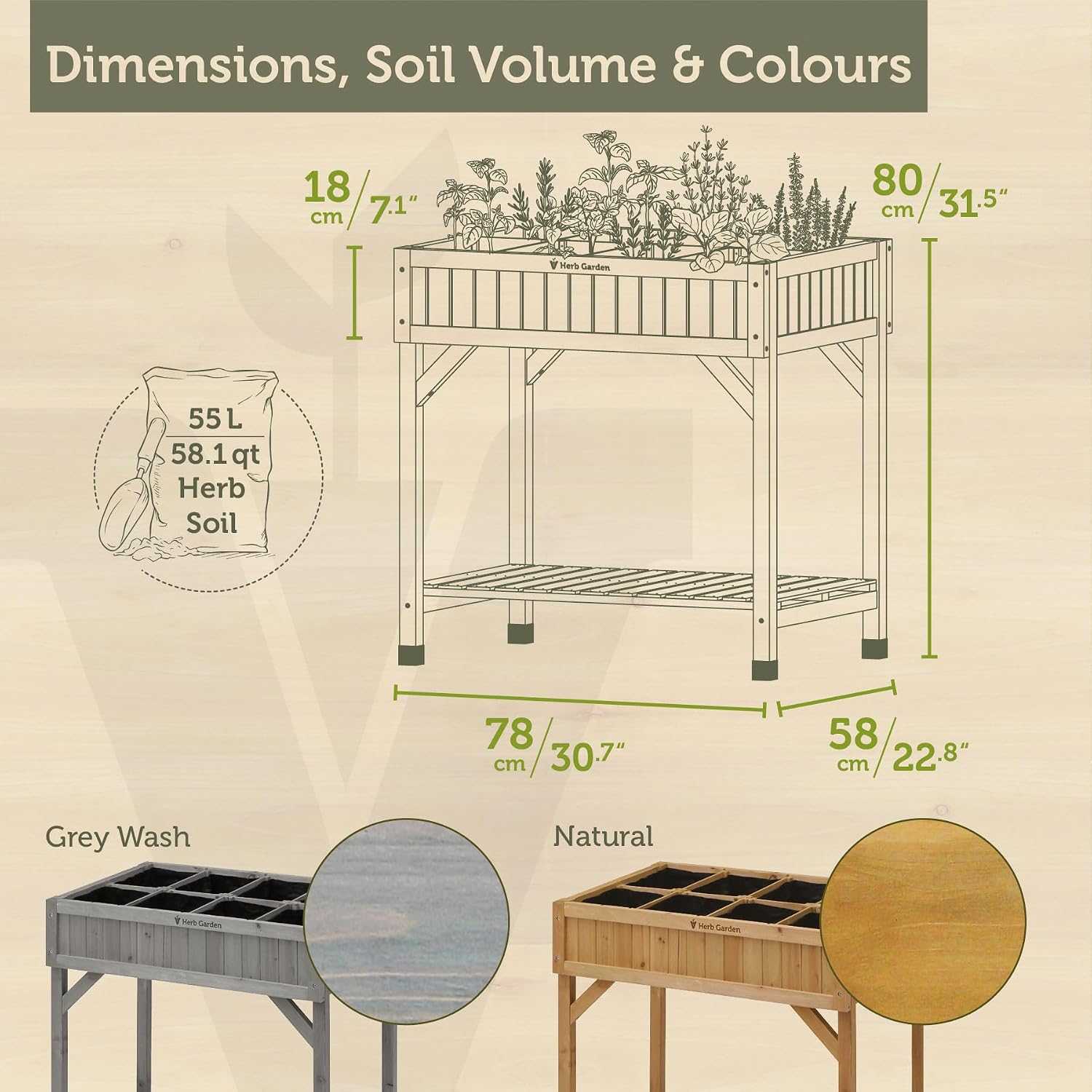 8-Pocket Raised Herb Planter in grey wash wood with eight separate pockets for herbs