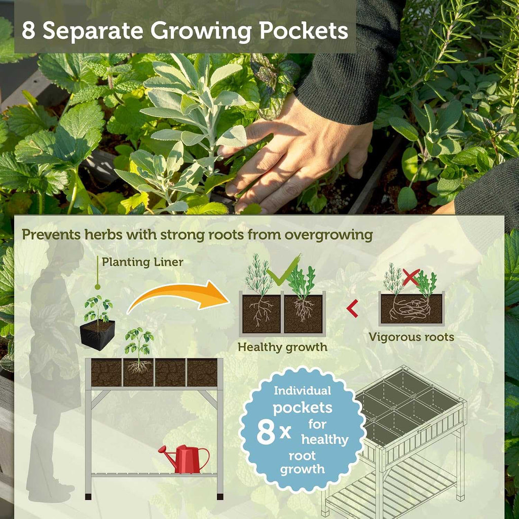 8-Pocket Raised Herb Planter in grey wash wood with eight compartments for growing herbs at comfortable height