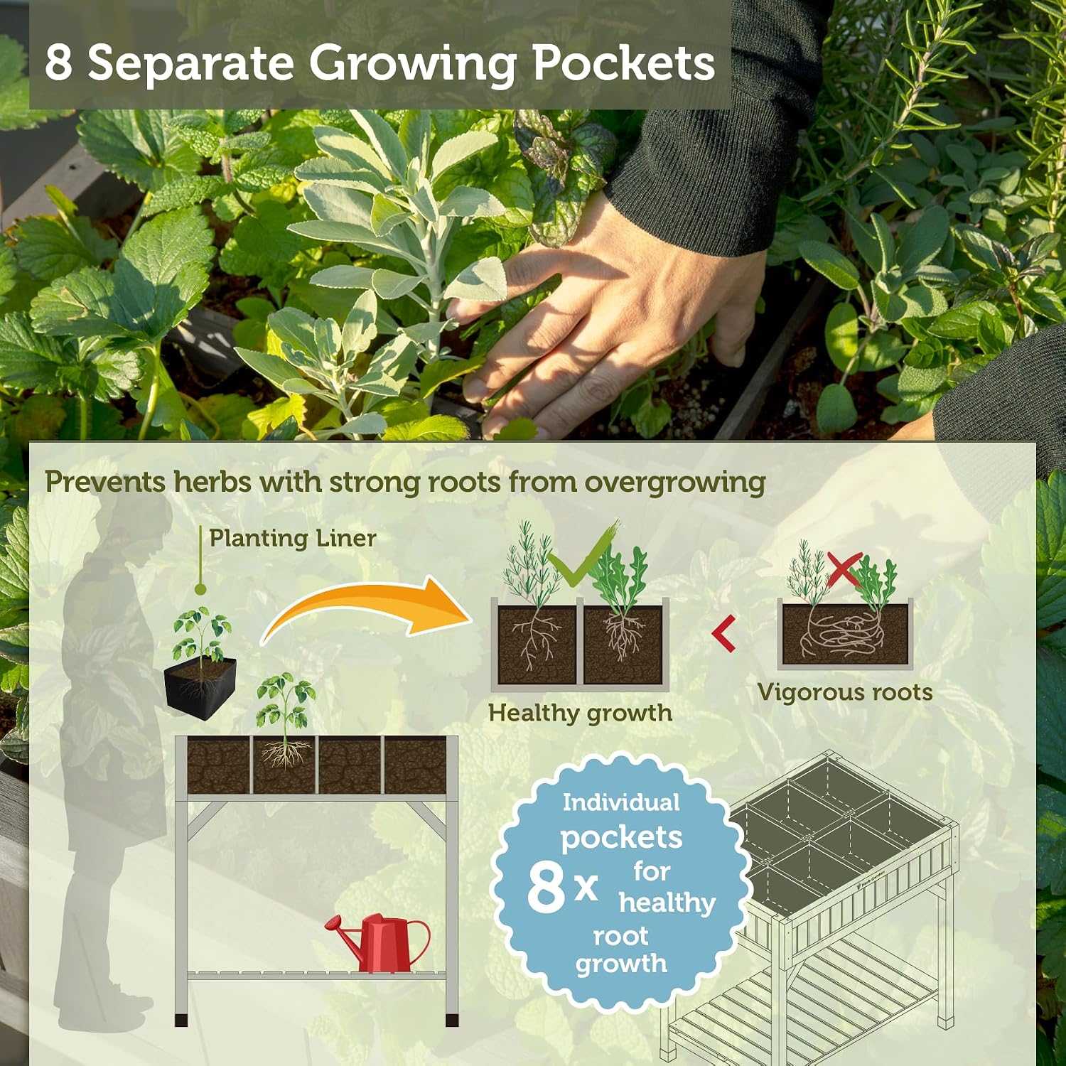8-Pocket Raised Herb Planter in grey wash wood with eight compartments for growing herbs at comfortable height