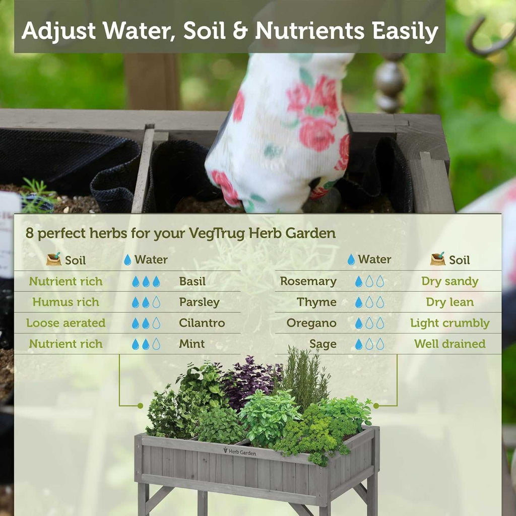 8-pocket raised herb planter in grey wash wood with eight separate pockets for growing multiple herbs at comfortable working height