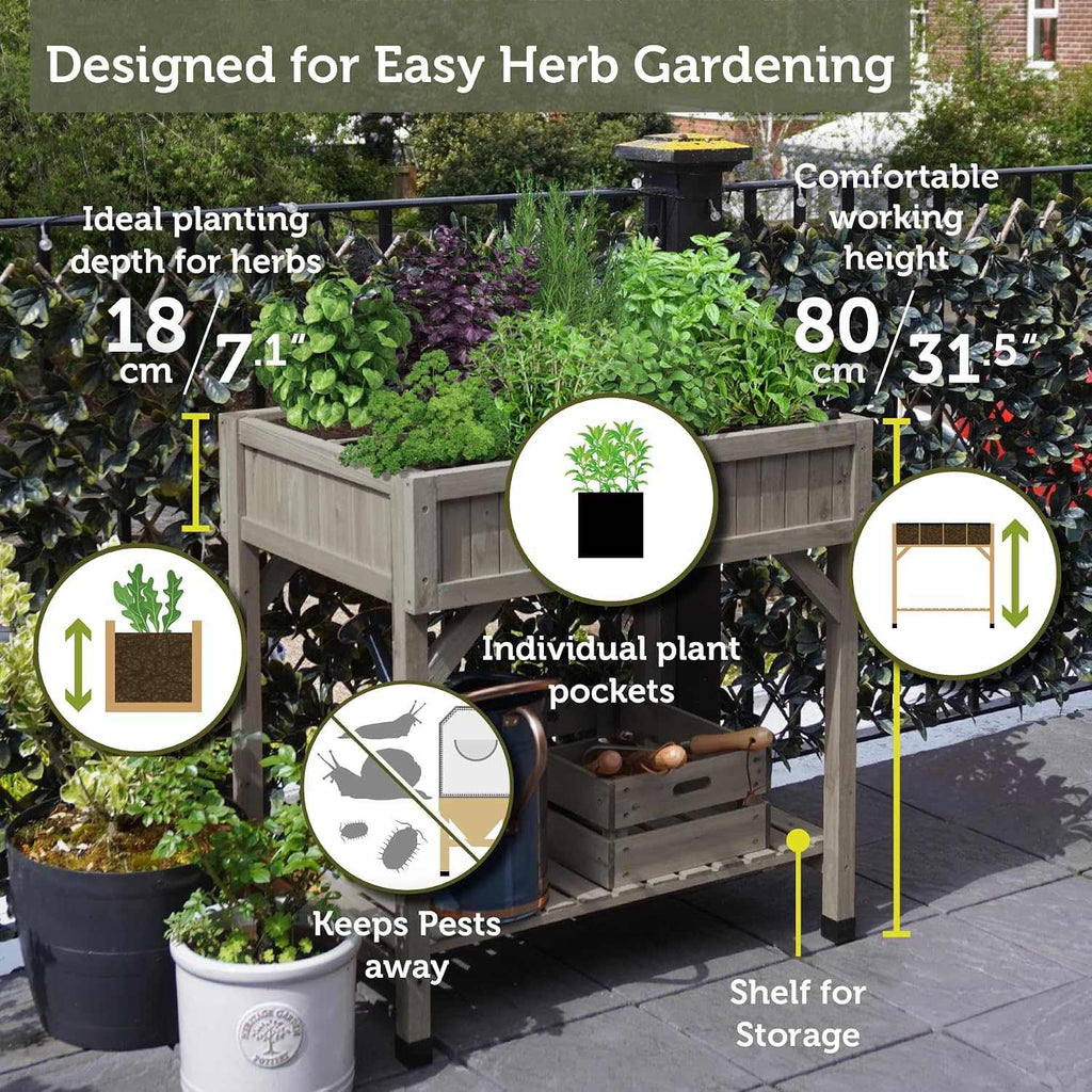 8-Pocket raised herb planter in grey wash wood with eight pockets for growing herbs at comfortable height