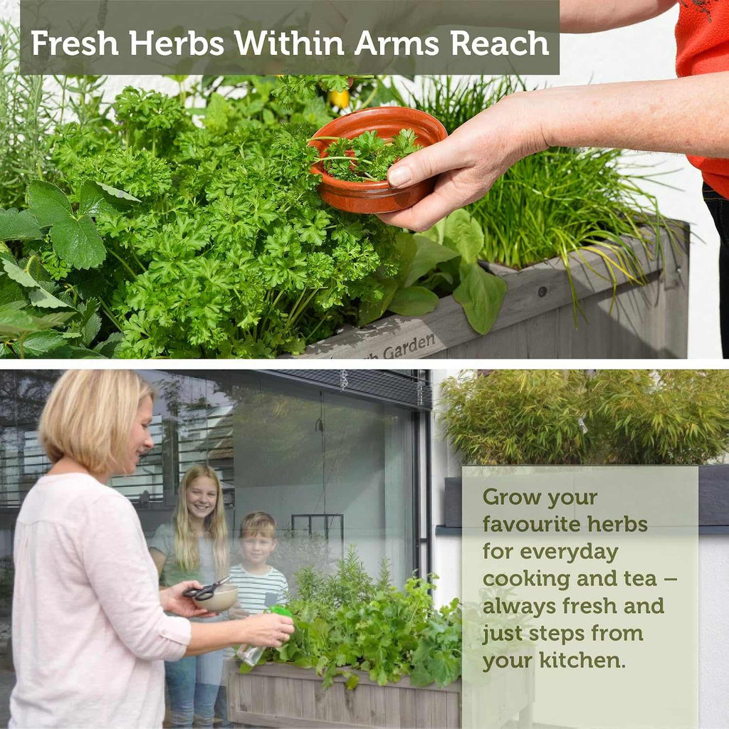 8-Pocket Raised Herb Planter in grey wash wood with eight compartments for growing herbs at a comfortable height
