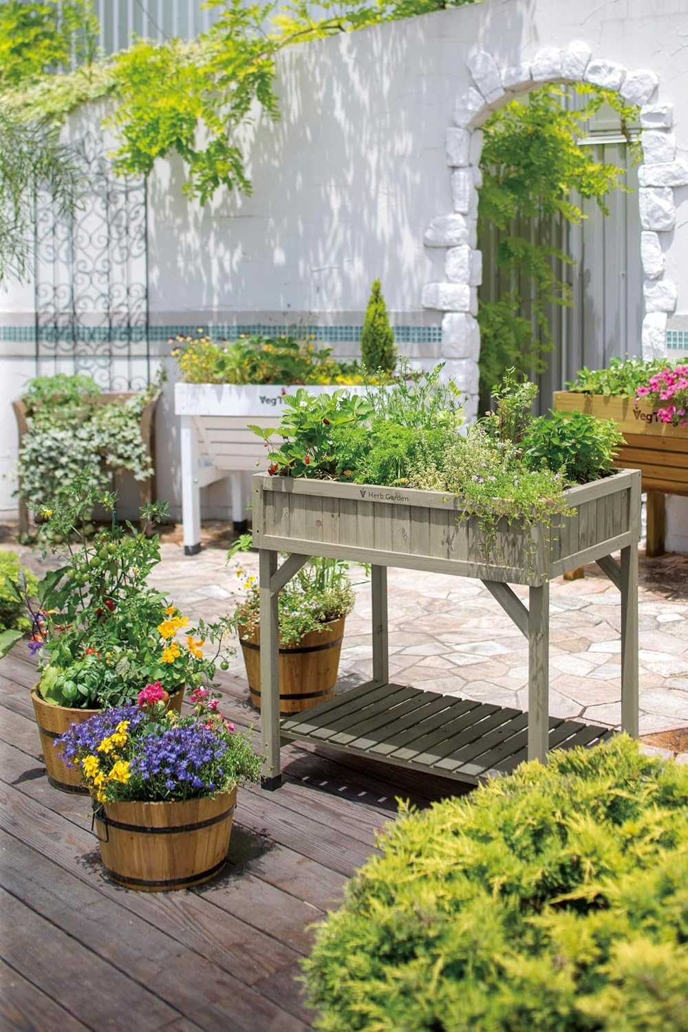 8-pocket raised herb planter in grey wash wood with eight separate pockets for easy herb gardening