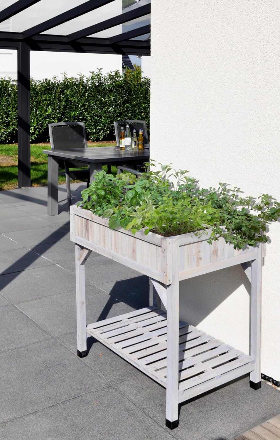8-Pocket Raised Herb Planter in grey wash wood with eight pockets for growing multiple herbs at comfortable height