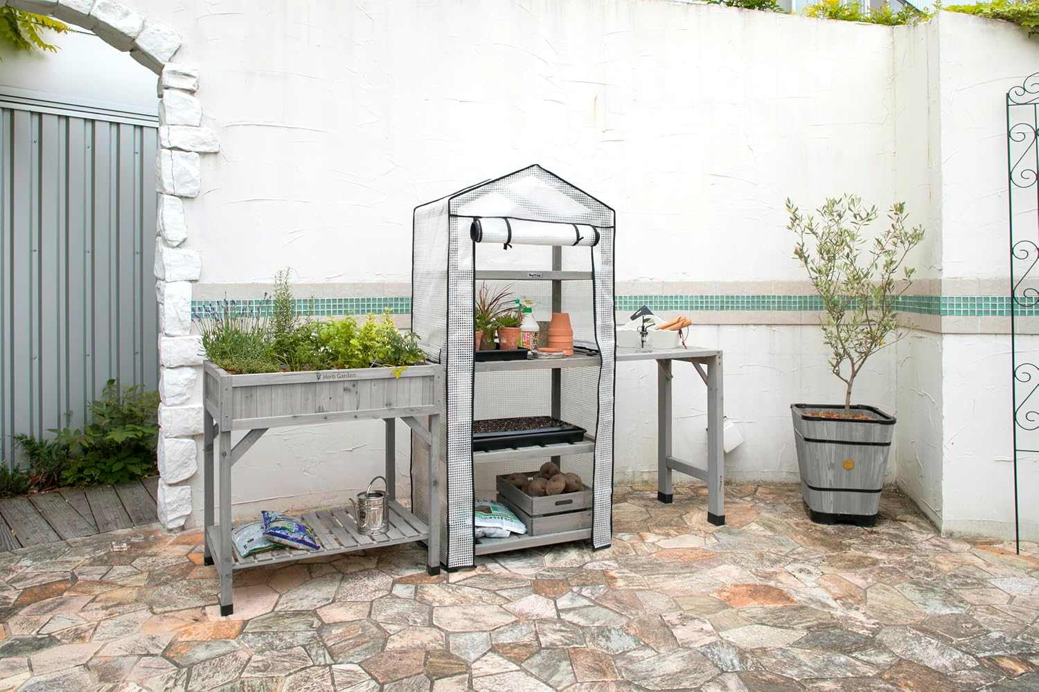 8-Pocket raised herb planter in grey wash wood with eight compartments for growing multiple herbs at comfortable height